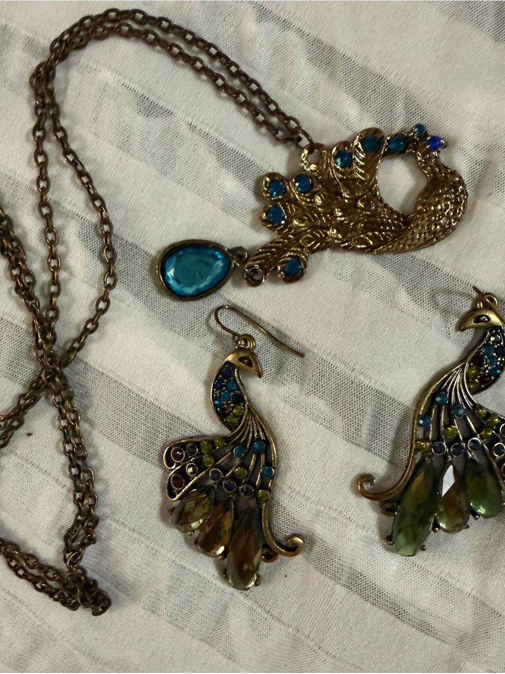 Vintage Peacock Earrings in Blue and Green with Antique Gold Tone